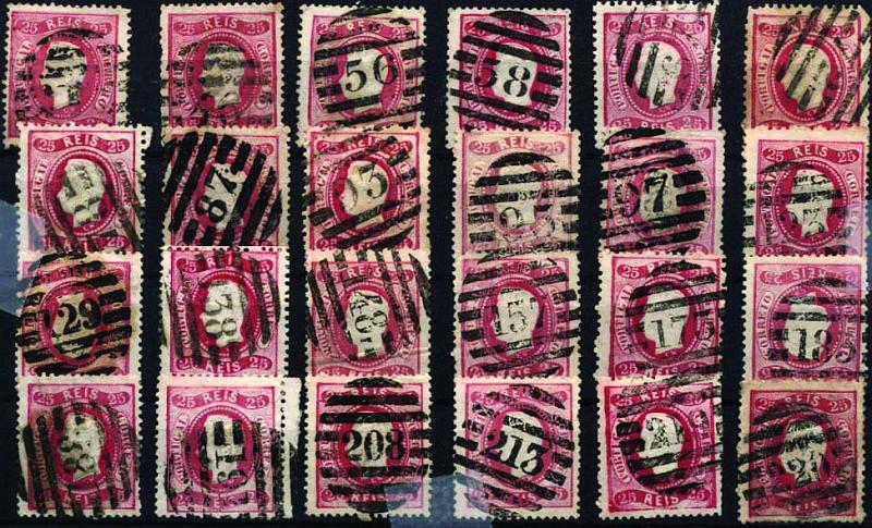 1747.jpg -     Lote:    1747            Portugal       Descrição:         Carimbos numéricos da 2.ª reforma. 1867/70 &mdash; D. Luís I, fita curva, denteados. CE30, 25 reis carmim rosa. Lote de 24 selos com carimbos batidos a preto: 1, 46, 56, 58, 67, 72, 78, 87, 93, 95, 97, 123, 129, 138, 148, 157, 173, 183, 188, 191, 208, 213, 219 e 220.        Lote       Valor Base:     &euro; 50,00     Valor Venda:     &euro; 50,00     
