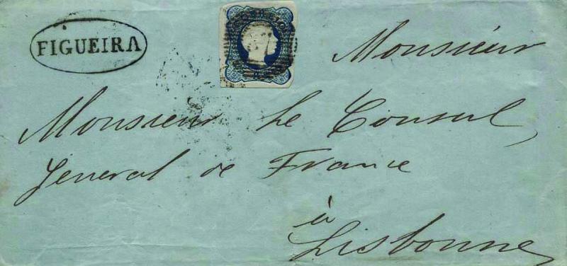1750.jpg -     Lote:    1750            Portugal       Descrição:         Carimbos nominativos. 1856/58 &mdash; D. Pedro V. Cabelos anelados. CE12 25 reis azul, linhas duplas, em carta circulada da Figueira (28.04.57) para Lisboa (29.04.57). Carimbo numérico da 1.ª reforma "87" tipo 6.8.6 e nominativo "FIGUEIRA", batidos a preto.        Carta       Valor Base:     &euro; 15,00     Valor Venda:     Retirado     