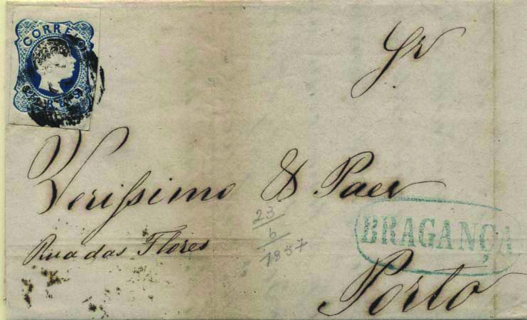 1751.jpg -     Lote:    1751            Portugal       Descrição:         Carimbos nominativos. 1856/58 &mdash; D. Pedro V. Cabelos anelados. CE12 25 reis azul, linhas duplas (com margens curtas / normais), em carta circulada de Bragança (23.06.57) para o Porto (25.06.57). Carimbo nominativo "BRAGANÇA", batido a azul.        Carta       Valor Base:     &euro; 15,00     Valor Venda:     Retirado     