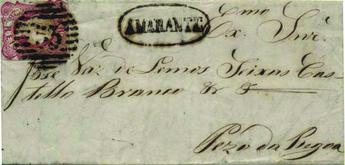 1752.jpg -     Lote:    1752            Portugal       Descrição:         Carimbos nominativos. 1856/58 &mdash; D. Pedro V. Cabelos anelados. CE13, 25 reis carmim rosa em carta circulada de Amarante (12.11.58) para Peso da Régua. Carimbos numérico da 1.ª reforma "53" tipo 3.5.3 e nominativo "AMARANTE", batidos a preto.        Carta       Valor Base:     &euro; 15,00     Valor Venda:     Retirado     