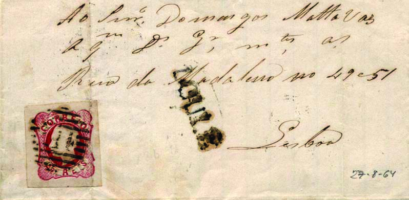 1753.jpg -     Lote:    1753            Portugal       Descrição:         1862/64 &mdash; D. Luís I. CE16, 25 reis carmim rosa, com boas margens, circulado em carta de Loulé (27.08.64) para Lisboa (29.08.64) com trânsito por Beja (27.08.64). Carimbo numérico da 1.ª reforma "214 &mdash; tipo 4.3.4" e nominativo "LOULÉ", batidos a preto. Marca não catalogada no período das 1.ª, 2.ª e 3.ª reforma. B e MR.        Carta       Valor Base:     &euro; 50,00     Valor Venda:     Retirado     