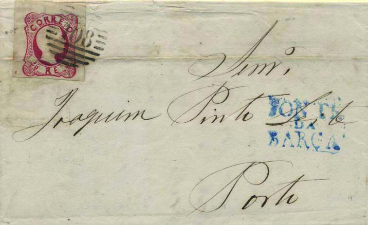 1755.jpg -     Lote:    1755            Portugal       Descrição:         Carimbos nominativos. 1856/58 &mdash; D. Pedro V. Cabelos anelados. CE13, 25 reis carmim rosa, com boas margens, em carta circulada de Ponte da Barca (21.03.62) para o Porto (22.03.62). Carimbos numérico da 1.ª reforma "108" tipo 4.3.4, batido a preto e nominativo "PONTE / DA / BARCA", batido a azul (raro nesta cor).        Carta       Valor Base:     &euro; 20,00     Valor Venda:     Retirado     