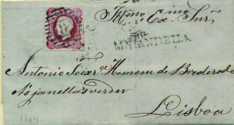 1756.jpg -     Lote:    1756            Portugal       Descrição:         Carimbos nominativos. 1862/64 &mdash; D. Luís I, CE16, 25 reis carmim, com margens curtas, em carta circulada de Mirandela (13.11.64) para Lisboa (16.11.64), com trânsito pelo Porto (15.11.64). Carimbos numérico da 1.ª reforma "184 &mdash; 4.3.4" e nominativo de MIRANDELLA, batidos a preto.        Carta       Valor Base:     &euro; 15,00     Valor Venda:     Retirado     