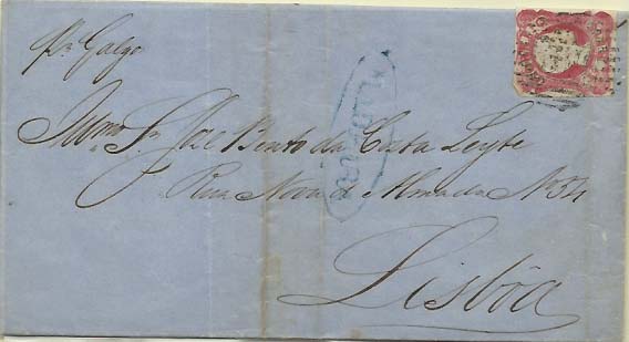 1757.jpg -     Lote:    1757            Portugal       Descrição:         Carimbos nominativos. 1856/58 &mdash; D. Pedro V, cabelos anelados. CE13, 25 reis carmim rosa (margens curtas) circulado da Madeira (16.11.59) para Lisboa (22.11.59). Carimbo batido a azul "MADEIRA" &mdash; GM FUN3.        Carta       Valor Base:     &euro; 30,00     Valor Venda:     Retirado     