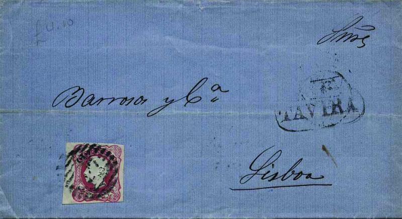 1759.jpg -     Lote:    1759            Portugal       Descrição:         1862/64 &mdash; D. Luís I. CE16, 25 reis carmim rosa, circulado em carta de Tavira (22.09.65) para Lisboa (24.09.65) com trânsito por Faro (23.09.65). Carimbo numérico da 1.ª reforma "217 &mdash; tipo 4.3.4" e nominativo "TAVIRA", batidos a preto.         Carta       Valor Base:     &euro; 15,00     Valor Venda:     &euro; 18,00     