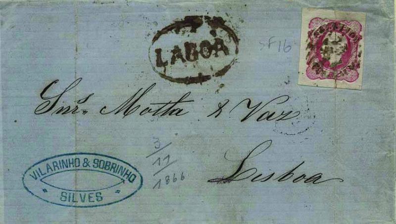 1760.jpg -     Lote:    1760            Portugal       Descrição:         1862/64 &mdash; D. Luís I. CE16, 25 reis carmim rosa, circulado em carta de Lagoa (03.11.66) para Lisboa (06.11.66) com trânsito por Faro (05.11.66). Carimbo numérico da 1.ª reforma "212 &mdash; tipo 4.3.4" e nominativo "LAGOA", batidos a preto.        Carta       Valor Base:     &euro; 15,00     Valor Venda:     &euro; 25,00     