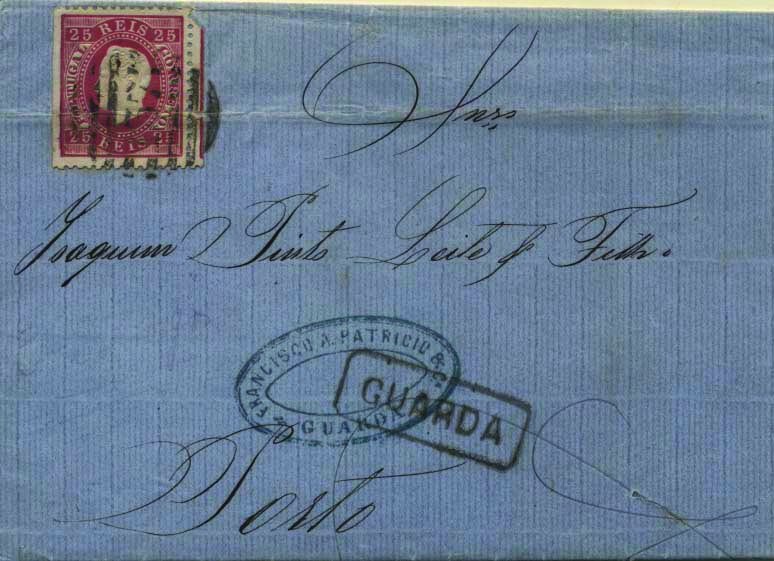 1764.jpg -     Lote:    1764            Portugal       Descrição:         Carimbos nominativos. 1870/76 &mdash; D. Luís I, fita direita. CE40, 25 reis carmim, denteado 12 &frac12;, em carta circulada da Guarda (09.03.75) para o Porto (11.03.75). Carimbo numérico da 2.ª reforma "137" e nominativo "GUARDA", batidos a preto.        Carta       Valor Base:     &euro; 15,00     Valor Venda:     Retirado     