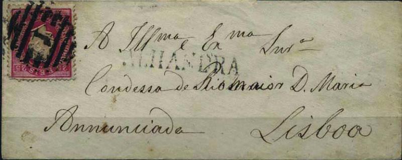 1765.jpg -     Lote:    1765            Portugal       Descrição:         Carimbos nominativos. 1870/76 &mdash; D. Luís I fita direita. CE40, 25 reis, denteado 12 &frac12;, em sobrescrito circulado de Alhandra para Lisboa (23.12.70). Sobrescrito obliterado com marca nominativa batida a preto de "ALHANDRA" e selo com carimbo numérico da 1.ª reforma "1 &mdash; LISBOA".        Carta       Valor Base:     &euro; 15,00     Valor Venda:     Retirado     
