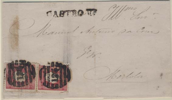 1767.jpg -     Lote:    1767            Portugal       Descrição:         Carimbos nominativos. 1870/76 &mdash; D. Luís I, fita direita. CE40, 25 reis, papel liso, denteado 12 &frac12;. Par vertical (um selo com defeito) em carta circulada de Castro Verde (22.02.71) para Mértola. Carimbos nominativo e numérico da 2.ª reforma batidos a preto "195 &mdash; CASTRO VERDE". R.        Carta       Valor Base:     &euro; 30,00     Valor Venda:     &euro; 30,00     