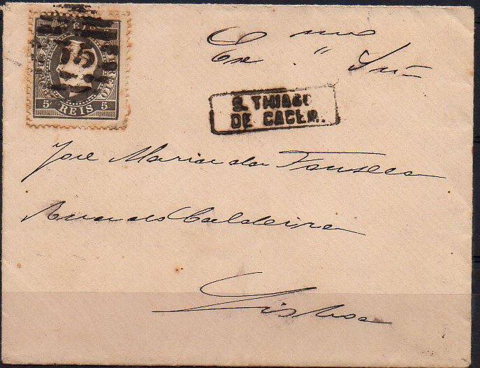 1771.jpg -     Lote:    1771            Portugal       Descrição:         Carimbos nominativos. 1870/76 &mdash; D. Luís I, fita direita. CE36, 5 reis preto, denteado 13 &frac12;, papel liso, em carta circulada de S. Tiago de Cacém para Lisboa. Carimbo batido a preto de "S. THIAGO DE CACÉM".        Carta       Valor Base:     &euro; 50,00     Valor Venda:     &euro; 75,00     