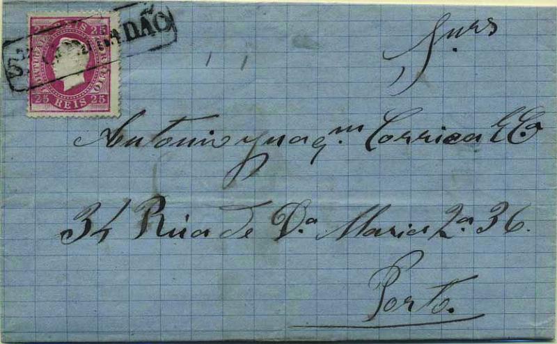 1772.jpg -     Lote:    1772            Portugal       Descrição:         Carimbos nominativos. 1870/76 &mdash; D. Luís I. Fita direita. CE40, 25 reis carmim, denteado 13 &frac12;, em carta circulada de Santa Comba Dão para o Porto (31.03.1878): Carimbo batido a preto de "STA COMBA DÃO". MB e MR.        Carta       Valor Base:     &euro; 35,00     Valor Venda:     &euro; 48,00     