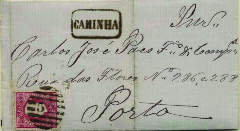 1773.jpg -     Lote:    1773            Portugal       Descrição:         Carimbos nominativos. 1870/76 &mdash; D. Luís I. Fita direita. CE40, 25 reis carmim, denteado 12 &frac12;, em carta circulada de Caminha para o Porto (11.03.1872): Carimbos batidos a preto: nominativo "CAMINHA" e numérico da 2.ª reforma "52". MB.        Carta       Valor Base:     &euro; 15,00     Valor Venda:     &euro; 15,00     