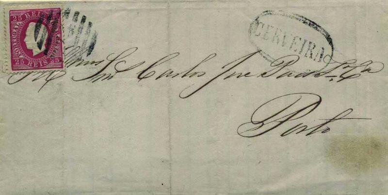 1774.jpg -     Lote:    1774            Portugal       Descrição:         Carimbos nominativos. 1870/76 &mdash; D. Luís I. Fita direita. CE40, 25 reis carmim, denteado 13 &frac12;, em carta circulada de Cerveira para o Porto (12.07.1875): Carimbos batidos a preto: nominativo "CERVEIRA" e numérico da 2.ª reforma "74". MB.        Carta       Valor Base:     &euro; 10,00     Valor Venda:     &euro; 18,00     