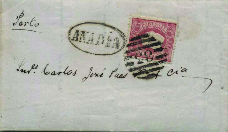 1775.jpg -     Lote:    1775            Portugal       Descrição:         Carimbos nominativos. 1870/76 &mdash; D. Luís I. Fita direita. CE40, 25 reis carmim, denteado 12 &frac12;, em carta circulada de Anadia para o Porto (22.06.73): Carimbos batidos a preto: nominativo "ANADIA" e numérico da 2.ª reforma "83". MB.        Carta       Valor Base:     &euro; 15,00     Valor Venda:     &euro; 15,00     