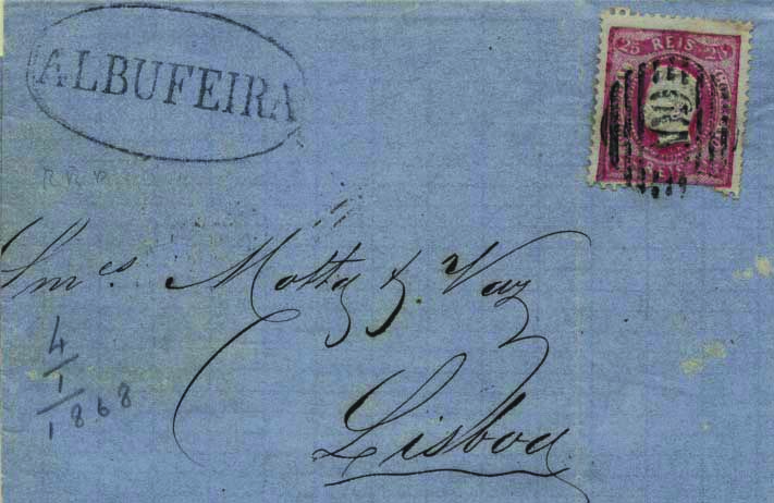 1778.jpg -     Lote:    1778            Portugal       Descrição:         Carimbos nominativos. 1867/70 &mdash; D. Luís I. Fita curva, denteados. CE30, 25 reis carmim, em carta circulada de Albufeira (04.01.68) para Lisboa (06.01.68), com trânsito por Faro (05.01.68). Carimbos numérico da 1.ª reforma "209 &mdash; tipo 4.3.4" e nominativo "ALBUFEIRA" batidos a preto.        Carta       Valor Base:     &euro; 15,00     Valor Venda:     &euro; 42,00     