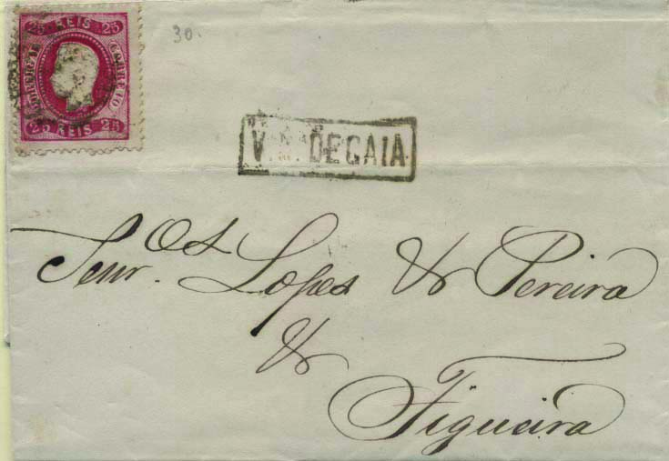 1780.jpg -     Lote:    1780            Portugal       Descrição:         Carimbos nominativos. 1867/70 &mdash; D. Luís I. Fita curva, denteados. CE30, 25 reis carmim, em carta circulada de Vila Nova de Gaia (29.01.69) para a Figueira, com trânsito pelo Porto (29.01.69). Carimbos numérico da 1.ª reforma "230" e nominativo "VA. NVA. DE GAIA" batidos a preto.        Carta       Valor Base:     &euro; 25,00     Valor Venda:     Retirado     