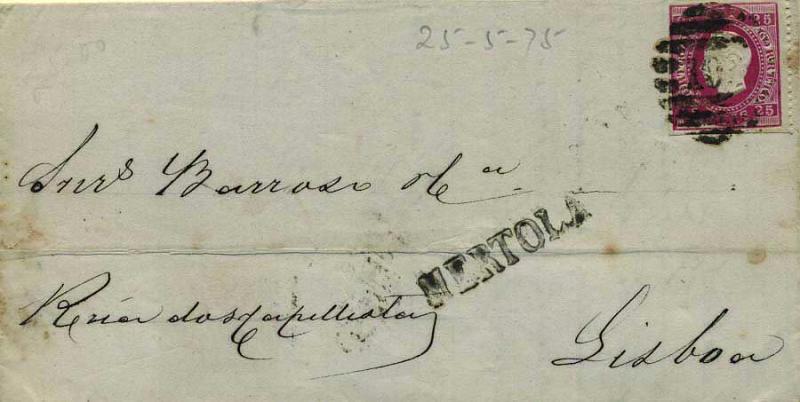 1782.jpg -     Lote:    1782            Portugal       Descrição:         Carimbos nominativos. 1870/76 &mdash; D. Luís I, fita direita. CE40, 25 reis carmim rosa (selo cortado à tesoura sem denteado em 3 lados) em carta circulada de Mértola (25.05.75) para Lisboa (27.05.75). Carimbo numérico da 2.ª reforma "199" e nominativo "MERTOLA" batidos a preto.        Carta       Valor Base:     &euro; 15,00     Valor Venda:     Retirado     