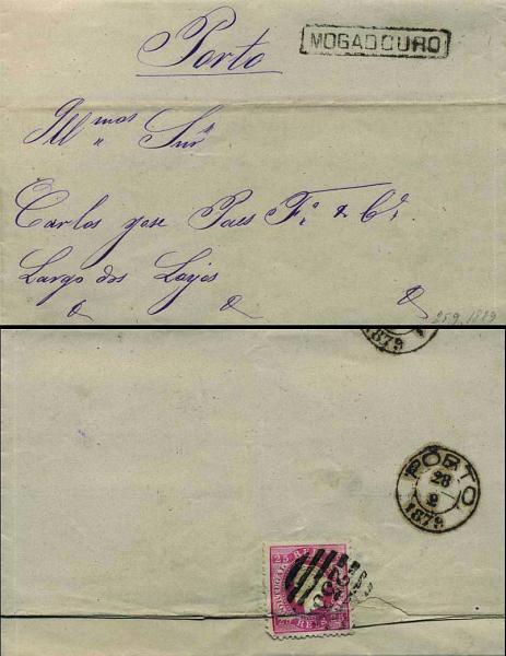 1783.jpg -     Lote:    1783            Portugal       Descrição:         Carimbos nominativos. 1870/76 &mdash; D. Luís I, fita direita. CE40, 25 reis carmim rosa (selo cortado ao meio na abertura da carta) em carta circulada de Mogadouro (25.02.79) para o Porto (28.02.79). Carimbo numérico da 2.ª reforma "233" e nominativo "MOGADOURO" batidos a preto.        Carta       Valor Base:     &euro; 25,00     Valor Venda:     &euro; 130,00     
