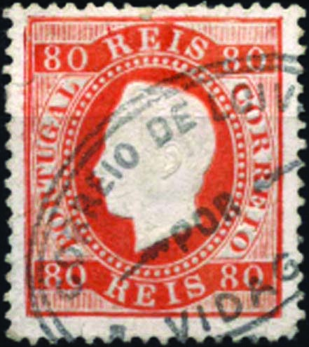 1786.jpg -     Lote:    1786            Portugal       Descrição:         Carimbos nominativos. 1870/76 &mdash; D. Luís I, fita direita. CE42, 80 reis laranja, denteado 13 &frac12;, papel porcelana. Selo obliterado com carimbo batido a preto "CORREIO DE LOIVOS / POR / VIDAGO". MB e MR.        O       Valor Base:     &euro; 30,00     Valor Venda:     &euro; 60,00     