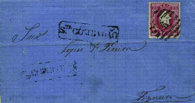 1787.jpg -     Lote:    1787            Portugal       Descrição:         Carimbos nominativos. 1870/76 &mdash; D. Luís I, fita direita. CE40, 25 reis carmim rosa (selo com ligeiro defeito) em sobrescrito circulado de Cabanas (08.09.72) para a Figueira . Carimbo numérico da 2.ª reforma "152" e nominativo "STA COMBA DÃO" batidos a preto.        Carta       Valor Base:     &euro; 15,00     Valor Venda:     Retirado     
