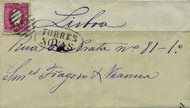 1788.jpg -     Lote:    1788            Portugal       Descrição:         Carimbos nominativos. 1870/76 &mdash; D. Luís I, fita direita. CE40, 25 reis carmim rosa (selo com ligeiro defeito) em sobrescrito circulado de Torres Novas (30.07.77) para Lisboa (31.07.77). Carimbo numérico da 2.ª reforma "188" e nominativo "TORRES NOVAS" batidos a preto.        Carta       Valor Base:     &euro; 20,00     Valor Venda:     Retirado     