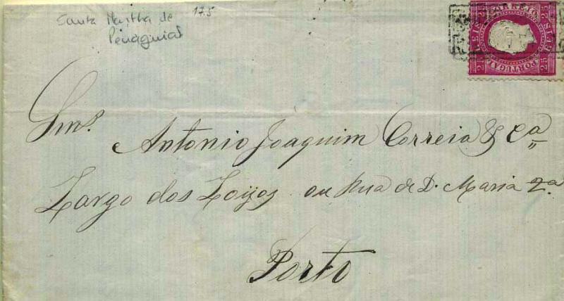 1789.jpg -     Lote:    1789            Portugal       Descrição:         Carimbos nominativos. 1870/76 &mdash; D. Luís I, fita direita. CE40, 25 reis carmim rosa em sobrescrito circulado de Santa Marta de Penaguião (21.04.1879) para o Porto (23.04.79). Carimbo nominativo "SANTA MARTA / DE PENAGUÃO" batido a preto.        Carta       Valor Base:     &euro; 25,00     Valor Venda:     Retirado     