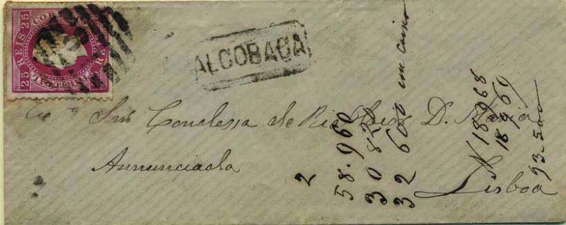 1790.jpg -     Lote:    1790            Portugal       Descrição:         Carimbos nominativos. 1870/76 &mdash; D. Luís I, fita direita. CE40, 25 reis carmim rosa (selo cortado à tesoura nos bordos superior e inferior, sem denteado) em sobrescrito circulado de Alcobaça para Lisboa. Carimbo numérico da 2.ª reforma "81" e nominativo "ALCOBAÇA" batidos a preto.        Carta       Valor Base:     &euro; 15,00     Valor Venda:     &euro; 48,00     