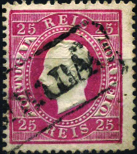 1794.jpg -     Lote:    1794            Portugal       Descrição:         Carimbos nominativos. 1870/76 &mdash; D. Luís I, fita direita. CE40, 25 reis carmim. Selo obliterado com carimbo batido a preto "STA COMBADÃO".        O       Valor Base:     &euro; 10,00     Valor Venda:     Retirado     