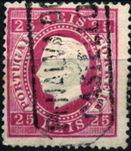 1796.jpg -     Lote:    1796            Portugal       Descrição:         Carimbos nominativos. 1870/76 &mdash; D. Luís I, fita direita. CE40, 25 reis carmim. Selo obliterado com carimbo batido a preto "PENALVA DO CASTELO".        O       Valor Base:     &euro; 10,00     Valor Venda:     Retirado     