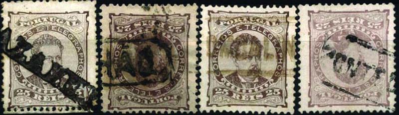 1797.jpg -     Lote:    1797            Portugal       Descrição:         Carimbos nominativos. 1882/83 &mdash; D. Luís I, de frente CE57, 25 reis. Lote de 4 selos obliterados com carimbos batidos a preto "NAZARETH", "OLHÃO", "POMBALINHO" e "PONTE DE SOR".        O       Valor Base:     &euro; 18,00     Valor Venda:     Retirado     
