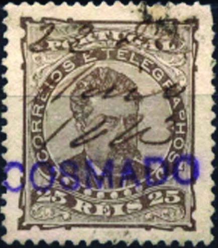 1799.jpg -     Lote:    1799            Portugal       Descrição:         Carimbos nominativos. 1882/83 &mdash; D. Luís I, de frente CE57, 25 reis. Lote de 4 selos obliterados com carimbos batidos a preto "S. COSMADO" &mdash; raridade 50 (Godon).        O       Valor Base:     &euro; 20,00     Valor Venda:     &euro; 32,00     