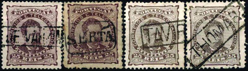 1801.jpg -     Lote:    1801            Portugal       Descrição:         Carimbos nominativos. 1882/83 &mdash; D. Luís I, de frente CE57, 25 reis. Lote de 4 selos obliterados com carimbos batidos a preto "POVOA DE VARZIM", "SERTÃ", "TAVIRA" e "THOMAR".        O       Valor Base:     &euro; 18,00     Valor Venda:     &euro; 18,00     
