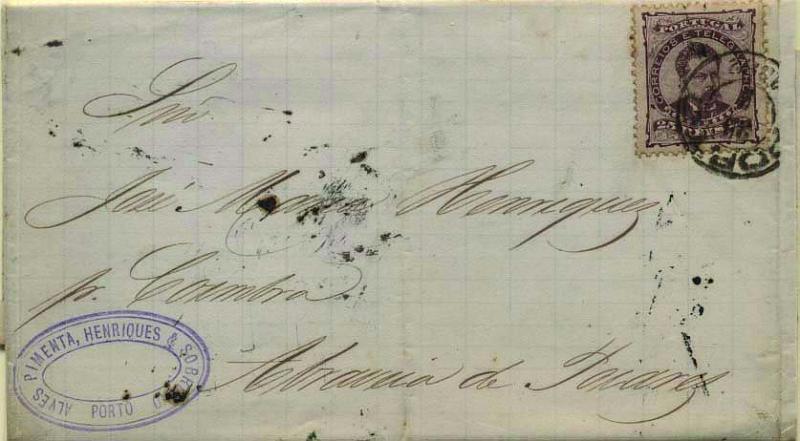 1804.jpg -     Lote:    1804            Portugal       Descrição:         Carimbos nominativos. 1882/83 &mdash; D. Luís I. De frente. CE57, 25 reis castanho vermelho, denteado 12 &frac12;, circulado do Porto (25.05.1882) para Poiares. Carimbo nominativo batido a preto de POIARES (Gordon 307).        Carta       Valor Base:     &euro; 10,00     Valor Venda:     Retirado     