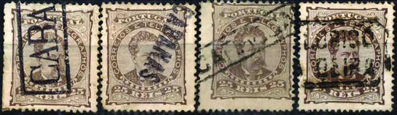 1805.jpg -     Lote:    1805            Portugal       Descrição:         Carimbos nominativos. 1882/83 &mdash; D. Luís I, de frente CE57, 25 reis. Lote de 4 selos obliterados com carimbos batidos a preto "CABANAS" &mdash; dois tipos diferentes, "CARREGAL" e "CELORICO DA BEIRA".        O       Valor Base:     &euro; 20,00     Valor Venda:     Retirado     