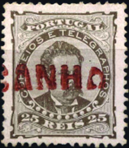 1806.jpg -     Lote:    1806            Portugal       Descrição:         Carimbos nominativos. 1882/83 &mdash; D. Luís I, de frente CE57, 25 reis. Selo obliterado com carimbo batido a vermelho "CANHA". Raridade 75 (Gordon).        O       Valor Base:     &euro; 20,00     Valor Venda:     &euro; 55,00     
