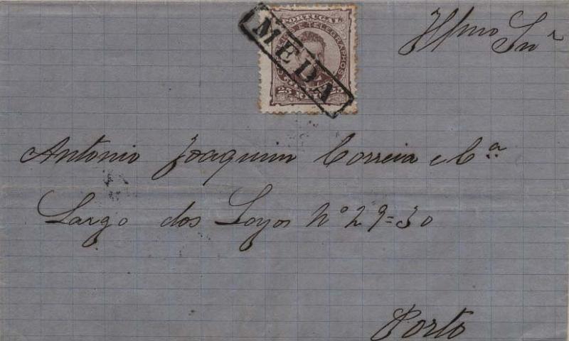 1815.jpg -     Lote:    1815            Portugal       Descrição:         Carimbos nominativos. 1882/83 &mdash; D. Luís I, de frente. CE57, 25 reis castanho, em carta circulada da Meda (17.02.83) para o Porto (19.02.83) com trânsito por Viseu (18.02.83). Carimbo batido a preto "MEDA".        Carta       Valor Base:     &euro; 25,00     Valor Venda:     &euro; 25,00     