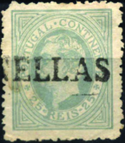 1816.jpg -     Lote:    1816            Portugal       Descrição:         Carimbos nominativos. 1880/81 &mdash; D. Luís I, de perfil. CE53, 25 reis azul cinzento. Selo obliterado com carimbo batido a preto "NELLAS".        O       Valor Base:     &euro; 10,00     Valor Venda:     Retirado     