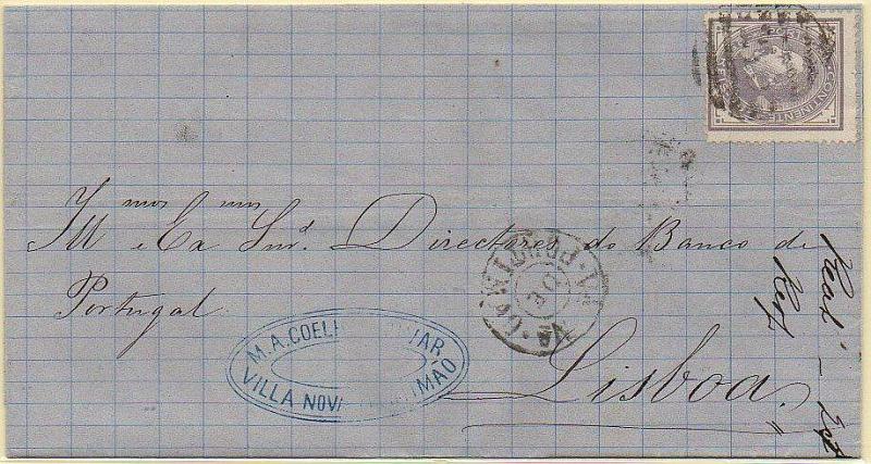 1825.jpg -     Lote:    1825            Portugal       Descrição:         Carimbos nominativos. 1880/81 &mdash; D. Luís I, de perfil. CE54, 25 reis violeta vermelho, denteado 13 &frac12;, circulado em carta de Vila Nova de Portimão para Lisboa (22.11.80 &mdash; data anterior à referenciada no catálogo como de início da circulação). Carimbo batido a preto "V.ª N.ª PORTIMÃO".        Carta       Valor Base:     &euro; 20,00     Valor Venda:     &euro; 36,00     