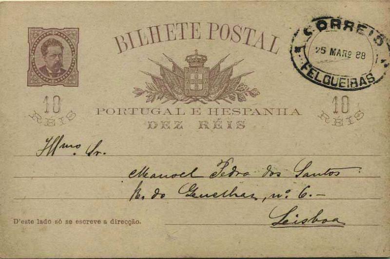 1829.jpg -     Lote:    1829            Portugal       Descrição:         Carimbos de dupla oval. 1884/87 &mdash; D. Luís I de frente. OM9d, 10 reis castanho vermelho (quadrícula no verso), tipo B. Circulado de Felgueiras (25.03.88) para Lisboa (26.03.88). Carimbo batido a preto "CORREIO / FELGUERAS".        IC       Valor Base:     &euro; 15,00     Valor Venda:     &euro; 20,00     