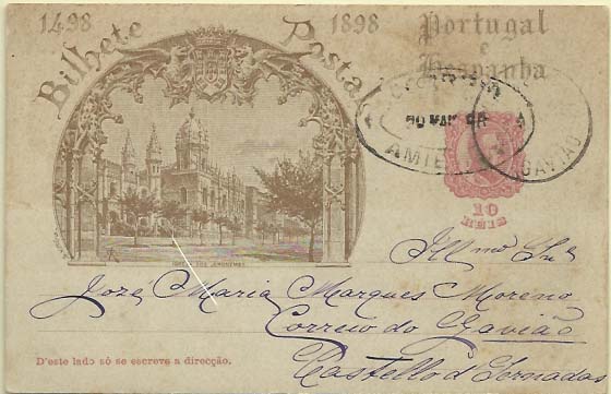1830.jpg -     Lote:    1830            Portugal       Descrição:         Carimbos de dupla oval. 1898 &mdash; 4.º Centenário do Descobrimento do Caminho Marítimo para a Índia. OM29B, 10 reis rosa carmim. Circulado de Amieira (21.05.98) para Gavião. Carimbo batido a preto "CORREIO / AMIEIRA".        IC       Valor Base:     &euro; 12,00     Valor Venda:     &euro; 28,00     