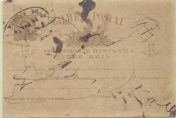 1831.jpg -     Lote:    1831            Portugal       Descrição:         Carimbos de dupla oval &mdash; 1884/87 &mdash; D. Luís I, de frente. OM9, 10 reis castanho escuro. Inteiro circulado de Arruda (14.05.84) para Lisboa (15.05.84). Carimbo batido a preto "CORREIO / DE ARRUDA".        IC       Valor Base:     &euro; 15,00     Valor Venda:     &euro; 15,00     