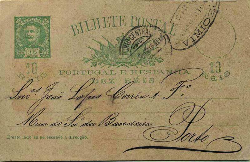 1834.jpg -     Lote:    1834            Portugal       Descrição:         Carimbos da telegrafia eléctrica. 1896 &mdash; D. Carlos I tipo Mouchon. OM23, 10 reis verde escuro sobre cartolina camurça, circulado de Vimioso (16.06.1902) para o Porto (18.06.902). Carimbo batido a preto de "TELEGRAPHIA / ELECTRICA / VIMIOZO".        IC       Valor Base:     &euro; 15,00     Valor Venda:     &euro; 15,00     