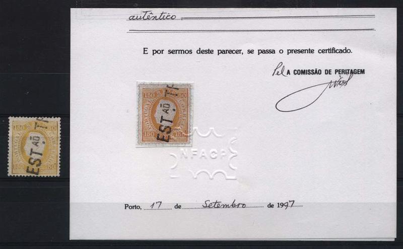 1835.jpg -     Lote:    1835            Portugal       Descrição:         Carimbos da telegrafia Eléctrica. 1879/80 &mdash; D. Luís I. Fita direita. Novas cores. CE51, 150 reis amarelo, denteado 13 &frac12;, papel porcelana, obliterado com carimbo linear ser moldura, batido a preto "ESTAO TE.CA. Selo com muito ligeiro adelgaçamento num dente. Ex-Felino. MB e MR.        O       Valor Base:     &euro; 30,00     Valor Venda:     Retirado     