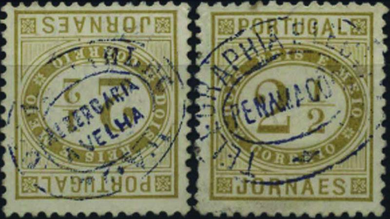 1837.jpg -     Lote:    1837            Portugal       Descrição:         Carimbos da telegrafia eléctrica. 1876 &mdash; Jornaies. CE48, 2 &frac12; reis. Lote de dois selos obliterados com carimbos batidos a preto: "TELEGRAPHIA ELECTRICA / ALBERGARIA / A VELHA" e "TELEGRAPHIA ELECTRICA / PENAMACOR".        O       Valor Base:     &euro; 20,00     Valor Venda:     &euro; 55,00     