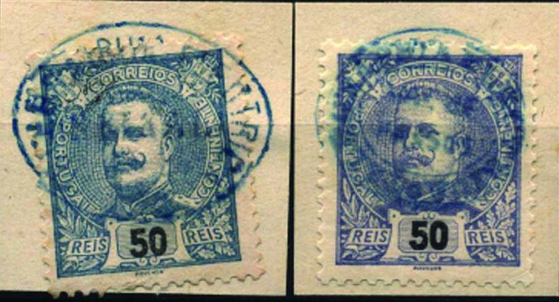 1838.jpg -     Lote:    1838            Portugal       Descrição:         Carimbos da telegrafia eléctrica. Lote de dois selos de 50 reis azul tipo Mouchon, obliterados com carimbos batidos a azul "TELEGRAPHIA ELECTRICA / SEIXAL" e "TELEGRAPHIA ELECTRICA / VAL DE PASSOS".        O       Valor Base:     &euro; 20,00     Valor Venda:     &euro; 34,00     