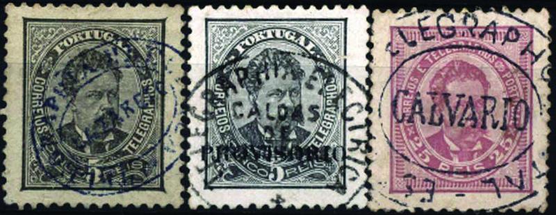 1839.jpg -     Lote:    1839            Portugal       Descrição:         Carimbos da telegrafia eléctrica. 1884/87 &mdash; D. Luís I, de frente. Novos valores. Lote de 3 selos, dois de 5 reis CE60 e um de 25 reis CE63, obliterados com carimbos batidos a preto "TELEGRAPHIA ELECTRICA / LAZARETO", "TELEGRAPHIA ELECTRICA / CALDAS DE MONCHIQUE" e " ESTAÇÃO TELEGRAPHO POSTAL / CALVARIO".        O       Valor Base:     &euro; 20,00     Valor Venda:     &euro; 42,00     