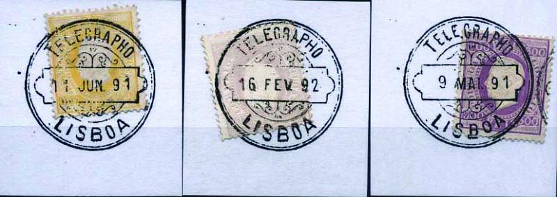 1843.jpg -     Lote:    1843            Portugal       Descrição:         Carimbos da telegrafia eléctrica. Lote de 3 selos tipo D. Luís I fita direita, das taxas de 100, 300 e 150 reis (amarelo), obliterados com carimbos batidos a preto "TELEGRAPHO / LISBOA".        Lote       Valor Base:     &euro; 15,00     Valor Venda:     &euro; 15,00     