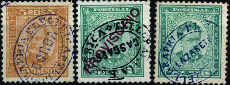 1844.jpg -     Lote:    1844            Portugal       Descrição:         Carimbos da telegrafia eléctrica. Lote de 3 selos CE61, 68 e 83 obliterados com carimbos de "BORBA" em azul, "CASCAES" em preto, e "LAZARETO" em azul. MB.        O       Valor Base:     &euro; 20,00     Valor Venda:     &euro; 20,00     
