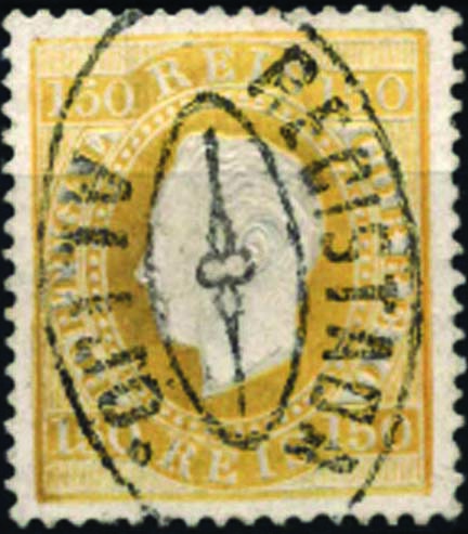 1846.jpg -     Lote:    1846            Portugal       Descrição:         Carimbos de registo. 1879/80 &mdash; D. Luís I. Fita direita. Novas cores. CE51, 150 reis amarelo, denteado 13 &frac12;. Selo obliterado com carimbo de dupla oval, batido a preto "REGISTADA / ALIJO". MB e MR.        O       Valor Base:     &euro; 30,00     Valor Venda:     &euro; 34,00     