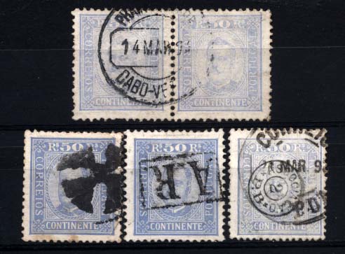 1848.jpg -     Lote:    1848            Portugal       Descrição:         Marcofilia diversa. 1892/93 &mdash; D. Carlos I, tipo Diogo Neto. CE71, 50 reis azul a azul cinzento, em denteados 11 &frac12; e 12 &frac12;. Lote de 3 selos + um par com carimbos diversos (PRAIA / CABO VERDE, mudo brasileiro, A.R. e "ASSOCIAÇÃO PB / 2". Interessante lote.        Lote       Valor Base:     &euro; 10,00     Valor Venda:     Retirado     